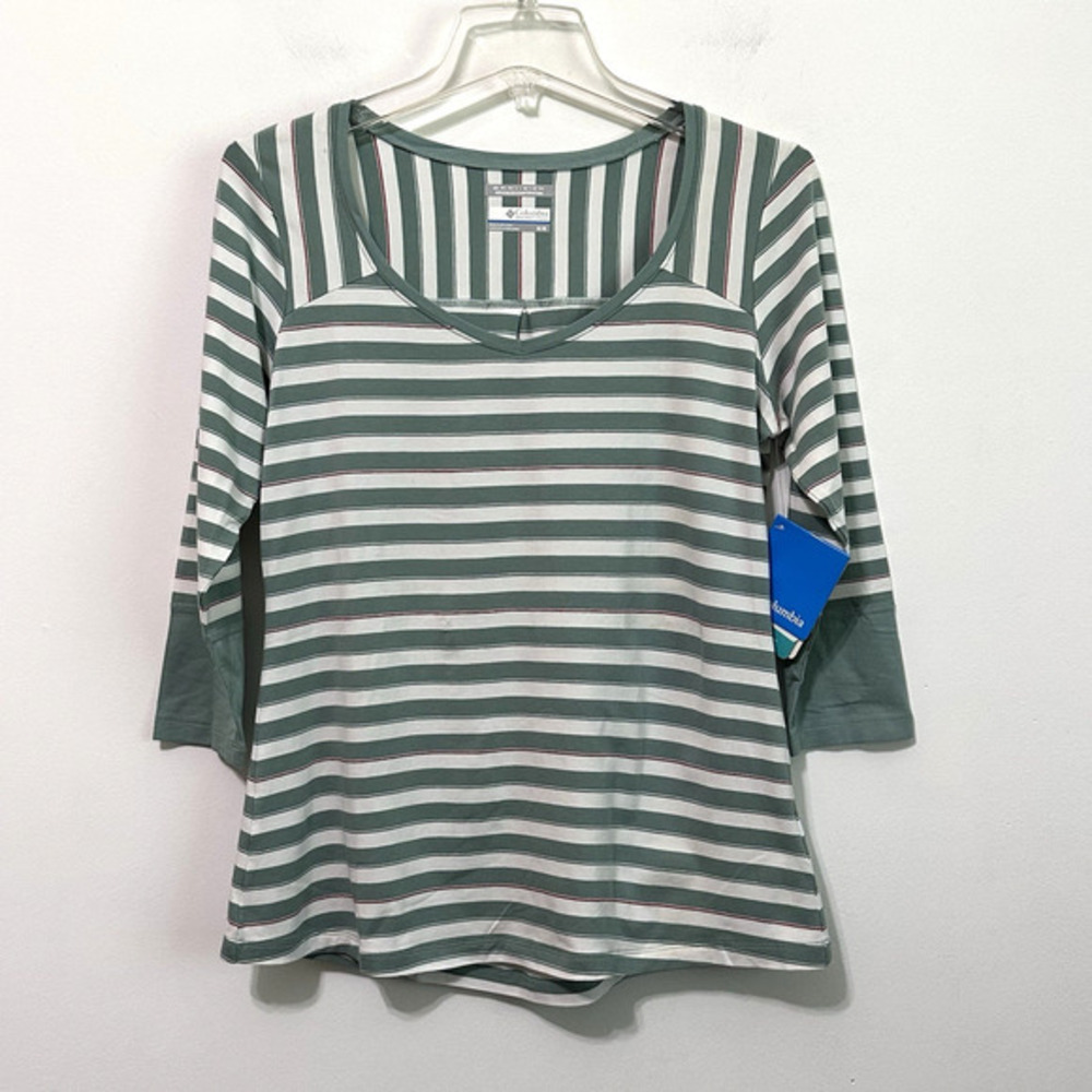 Columbia Womens Tee M Omni Wick Reel Beauty 3/4 Sleeve Green Stripe Top NEW